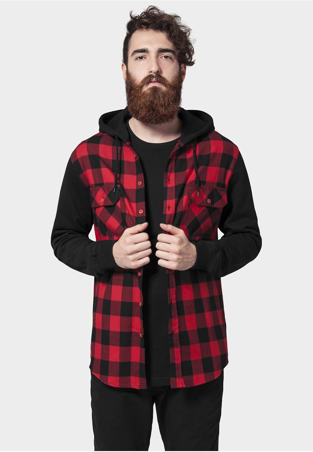 Urban Classics Hooded Checked Flanell Männer Flanellhemd schwarz/rot Basics, Streetwear S Blk/Red/Bl