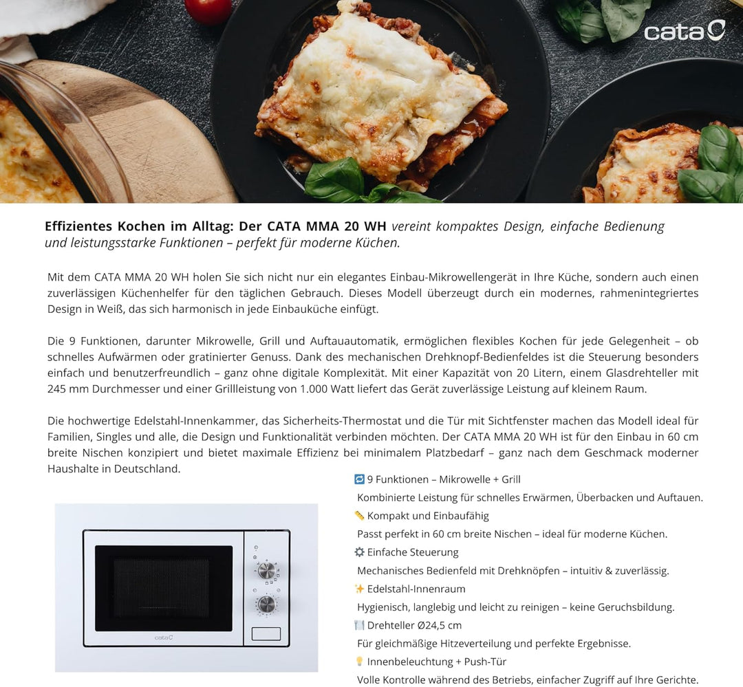 CATA MMA 20 WH Einbau-Mikrowelle 20L – 800 W Mikrowelle mit Grillfunktion, mechanischer Timer, Edels