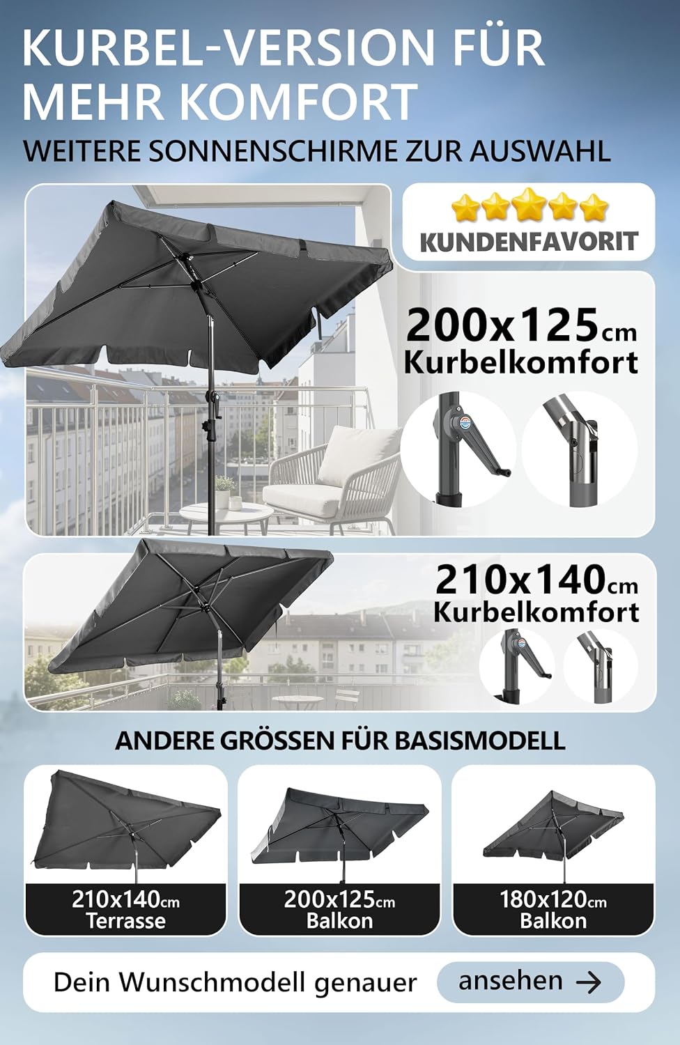 Menz SunnyShade Balkonschirm Roma mit Schutzhülle, Anthrazit, Sonnenschirm Balkon 200x125 cm, Sonnen