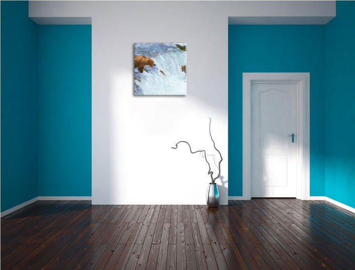 Pixxprint Bär beim Baden, Format: 70x70 auf Leinwand, XXL riesige Bilder fertig gerahmt mit Keilrahm