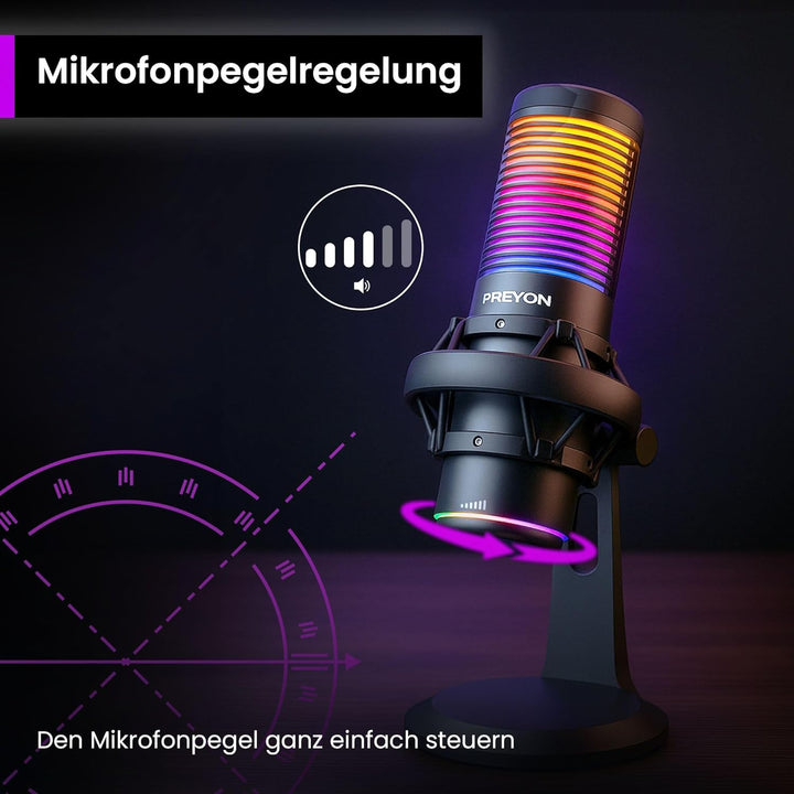PREYON Gaming Mikrofon PC mit Arm USB Microphone - Podcast Streaming Studio Laptop Stand Mic Zubehör