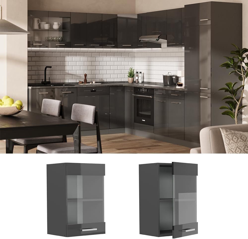 Vicco Küchenglashängeschrank R-Line, Glashängeschrank, Anthrazit Hochglanz, 40 cm, Anthrazit Hochgla