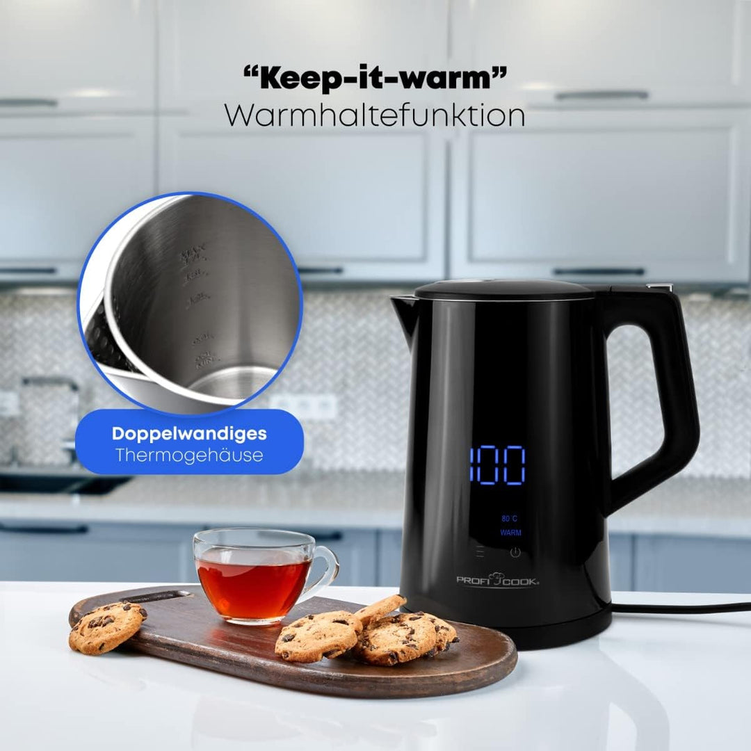 ProfiCook® Wasserkocher mit Temperatureinstellung 1,7 Liter – Temperaturauswahl 50°-100°C, Soll &amp; Is