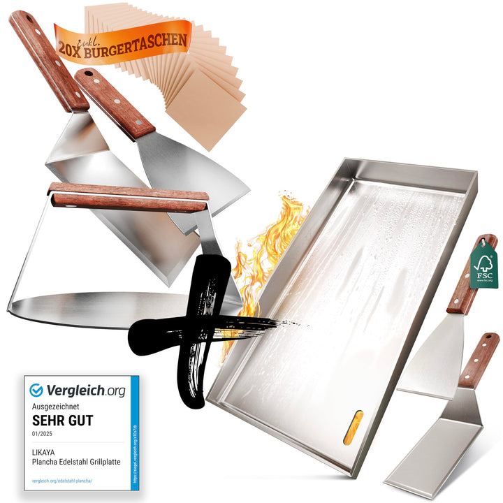 [BUNDLE] Plancha Edelstahl Grillplatte [20x40cm] + Burger-Smasher Set – 4x Grillspachtel & Burger Sm