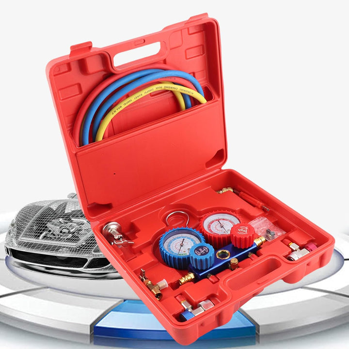 SOULONG R134a Manometer mit dreifarbigen Ladeschläuchen und Adapter, für Klimaanlagen im Auto
