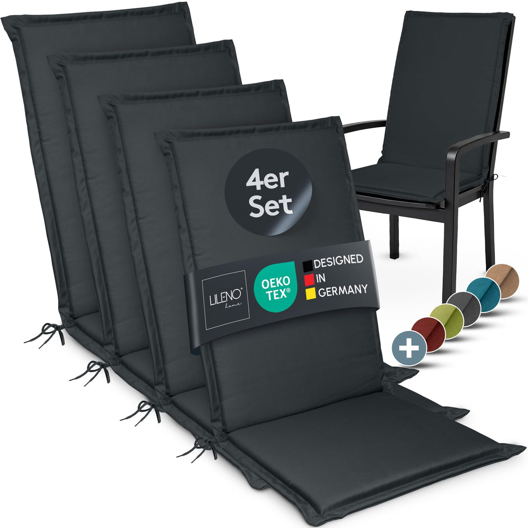 LILENO HOME Gartenstuhl Auflagen [4er Set - Hochlehner] in Anthrazit - Bequeme Liegen als Sitzauflag