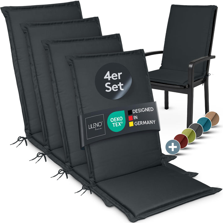 LILENO HOME Gartenstuhl Auflagen [4er Set - Hochlehner] in Anthrazit - Bequeme Liegen als Sitzauflag
