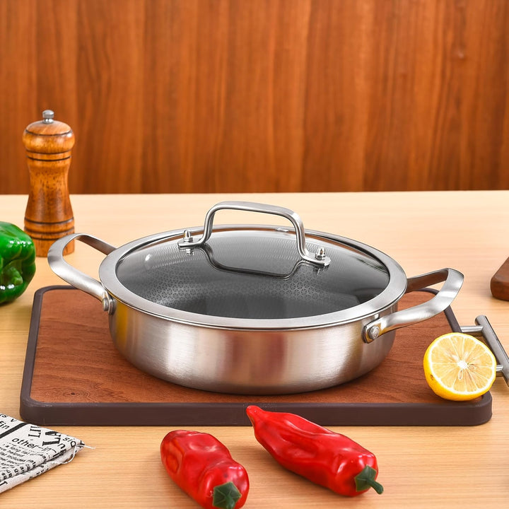 Inqibee Schmorpfanne 24 cm Hoher Rand, Schmortopf mit Deckel 2.8L, Edelstahl 18/10 antihaftbeschicht