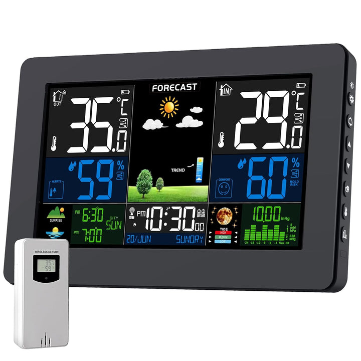VOKSUN Wetterstation Funk mit Aussensensor, Digital Farbdisplay Funkwetterstation, DCF Funkuhr Wette