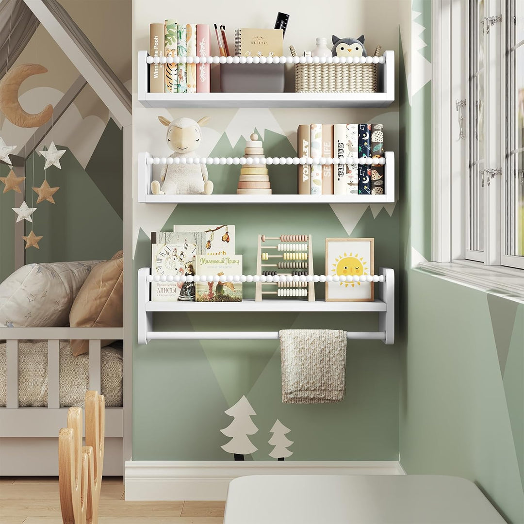 WOLTU 3er Set Kinder Bücherregal Wand, 50cm Wandregal Kinderzimmer, aus Massivholz, Hängeregal Schwe