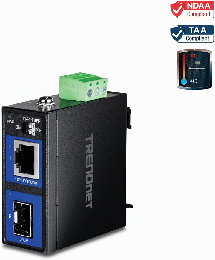 TRENDnet TI-F11SFP Gehärteter Industrieller 100/1000 Base-T zu SFP Medienkonverter, DIN-Schiene/Wand
