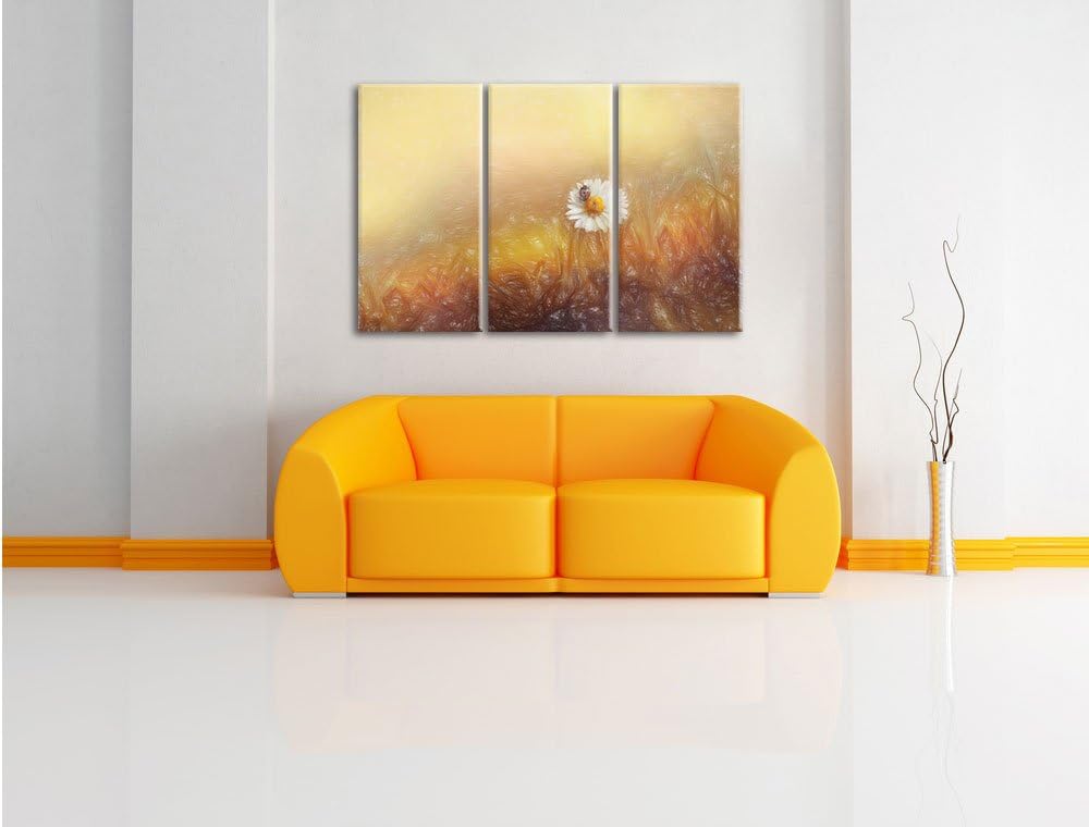 Pixxprint Gänseblümchen Marienkäfer / 3-Teilig/Gesamtmass 120cm Leinwandbild bespannt auf Holzrahmen