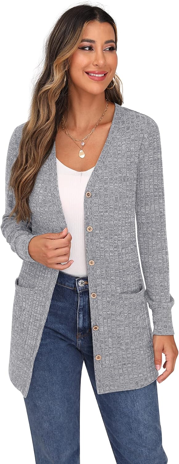 GRECERELLE Damen Leichte Strickjacke Lang mit Taschen und Knöpfen Long Elegant Cardigan V-Ausschnitt