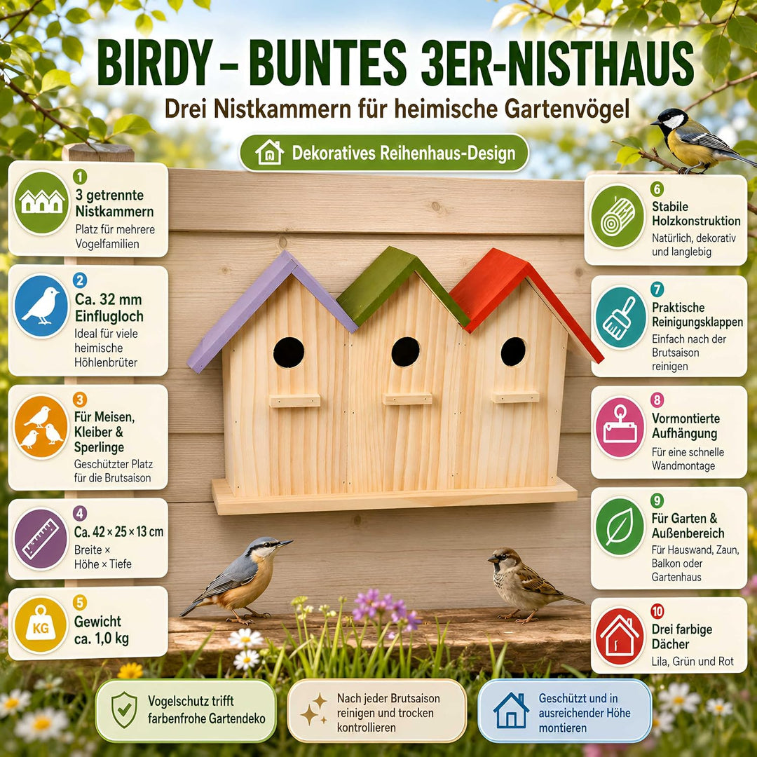colourliving Nisthaus Birdy 3er Vogelhaus Holz Nistkasten | Holz 42 x 25 x 13 cm 32 mm Einflugloch f