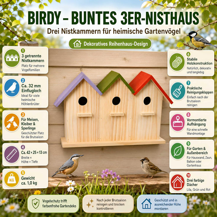 colourliving Nisthaus Birdy 3er Vogelhaus Holz Nistkasten | Holz 42 x 25 x 13 cm 32 mm Einflugloch f