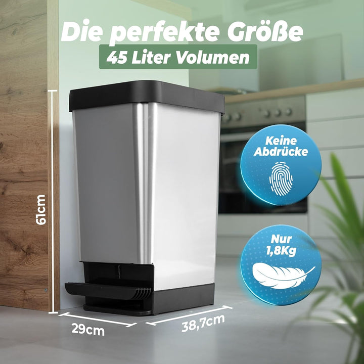 Novaliv 2x Grosser Mülleimer mit Deckel - 45L Tretmülleimer - Treteimer Müllbehälter Stabiler Abfall