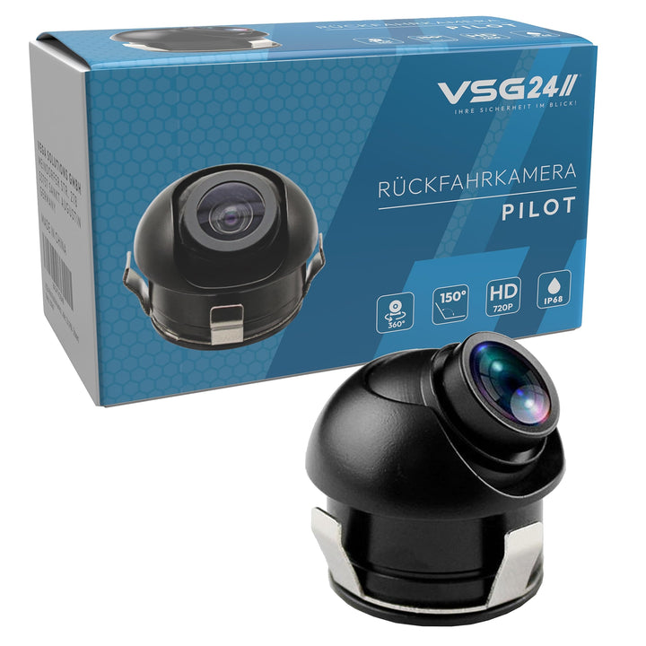 VSG24 Mini Rückfahrkamera Pilot, Kleine Kamera inkl. Verlängerungskabel, Distanzlinien-Anzeige, Flex