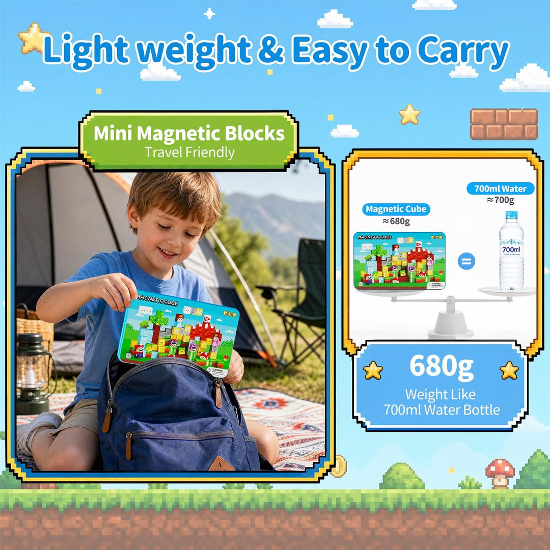 Magnetbausteine für Kinder Reise: 100 Teile Magnetwürfel mit Tragbare Metalldose, Adventurer Rollens