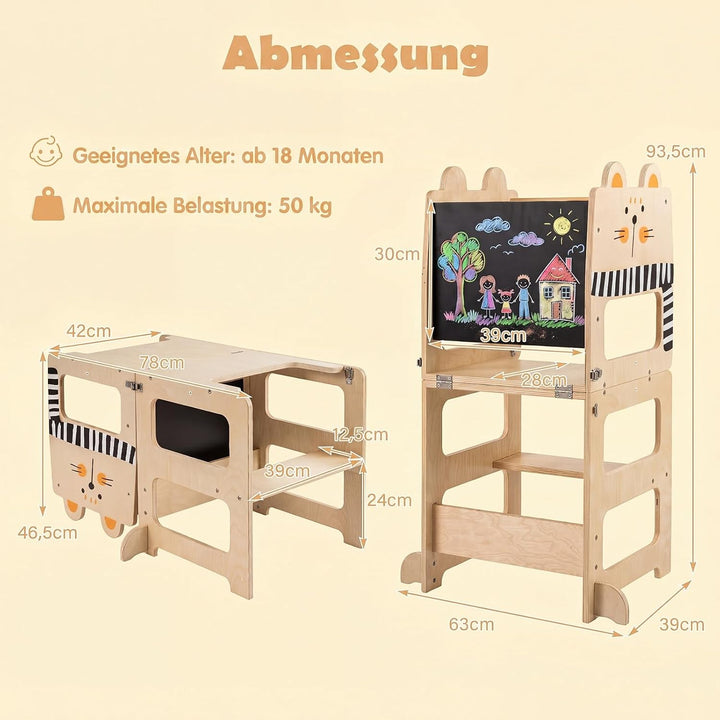 COSTWAY 3 in 1 Lernturm klappbar aus Holz, 50 kg belastbar, Natur | Tritthocker mit Tafel in Katzenf