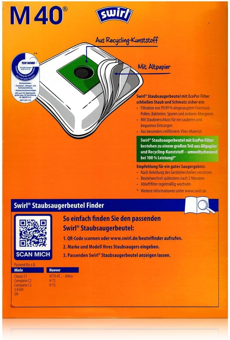 4 Pakete Swirl Staubsaugerbeutel M40 (M54) / M 40 MicroPor Plus AirSpace für Miele Staubsauger Typ: