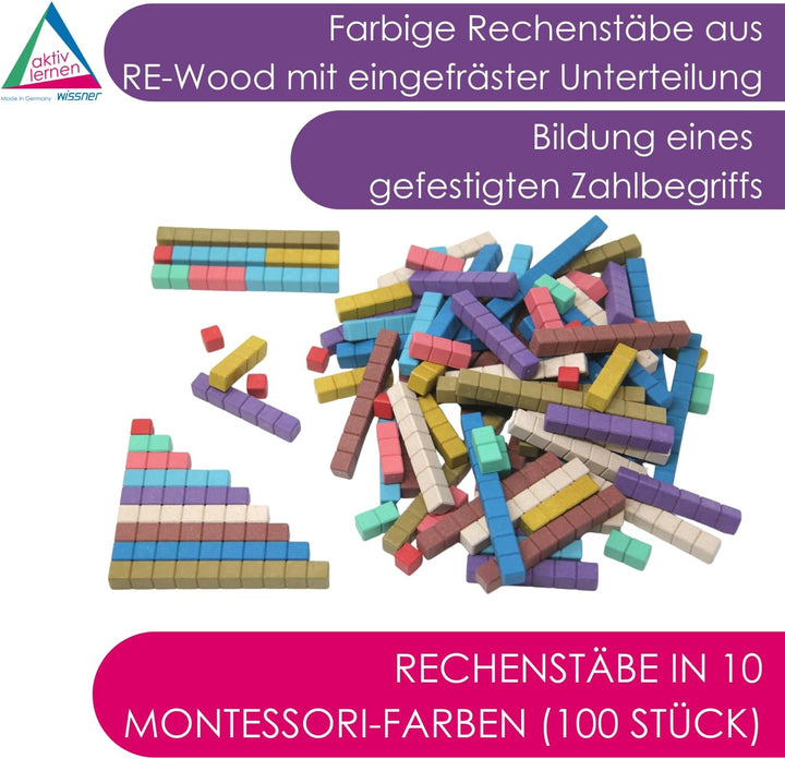 WISSNER® RE-Wood Rechenstäbe – 100 Stück in 10 Montessori-Farben, nachhaltige Cuisenaire-Stäbe aus H