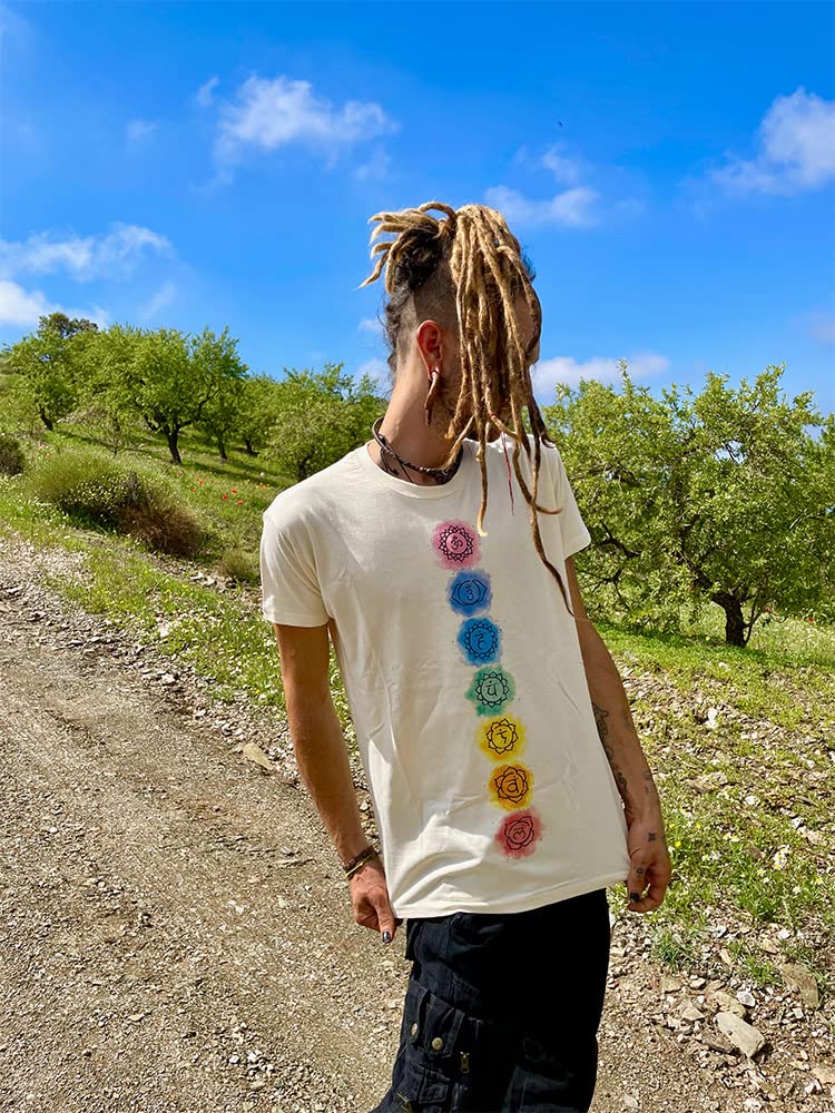 Creme-weisses Chakra T-Shirt für Yoga, Meditation mit den 7 Chakren in Regenbogenfarben (XL), XL