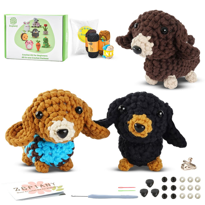 Häkelset für Anfänger, Amigurumi Dachshund Häkelset Tiere Crochet Kit, Alles in Einem Häkeln für Anf