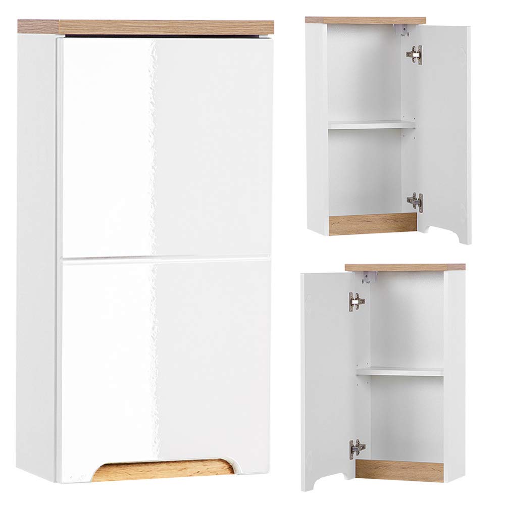 Lomadox Badezimmer Hängeschrank Hochglanz weiss mit Wotaneiche, 1 Tür, 1 EInlegeboden, B/H/T: 35/70/