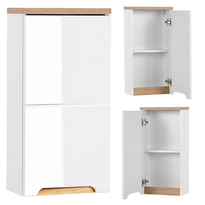 Lomadox Badezimmer Hängeschrank Hochglanz weiss mit Wotaneiche, 1 Tür, 1 EInlegeboden, B/H/T: 35/70/