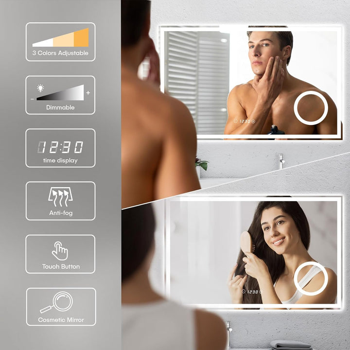 Dripex Badspiegel mit Beleuchtung Led Spiegel mit 3-Fach Schminkspiegel, Uhr und Steckdose, Dimmbar,