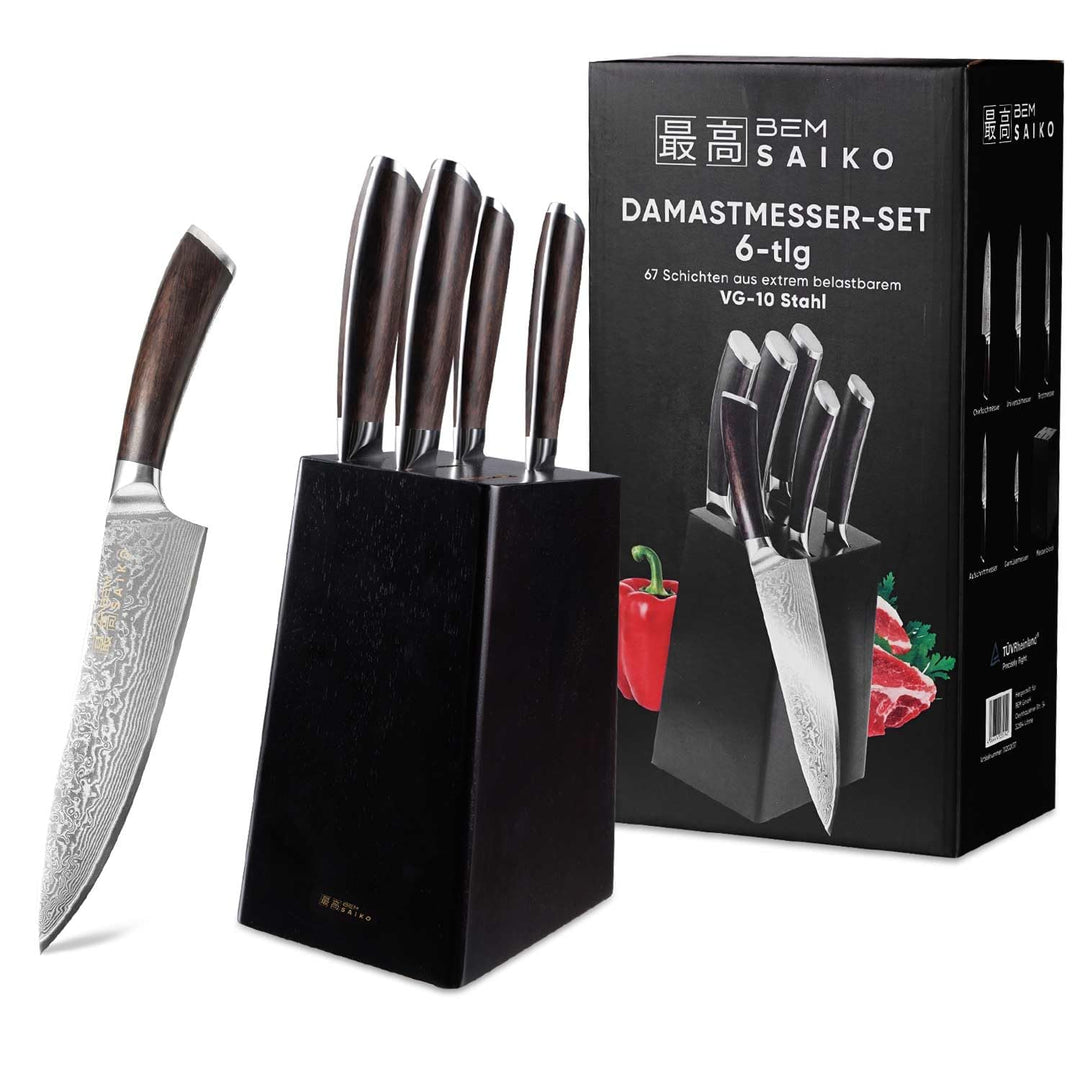 BEM Saiko 6-tlg. Damastmesser Japanisches Messerset VG-10 Stahl Messerblock | Damast Knife Set mit D