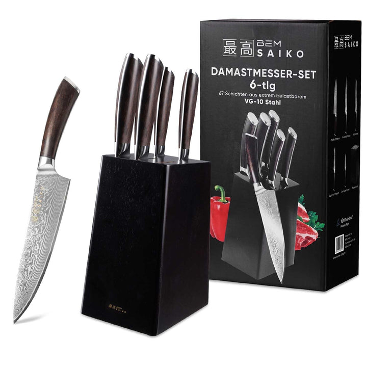 BEM Saiko 6-tlg. Damastmesser Japanisches Messerset VG-10 Stahl Messerblock | Damast Knife Set mit D