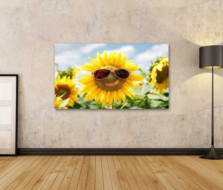islandburner Bild auf Leinwand Lustige Sonnenblume Sonnenbrille Feld Bilder Wandbilder Poster Leinwa