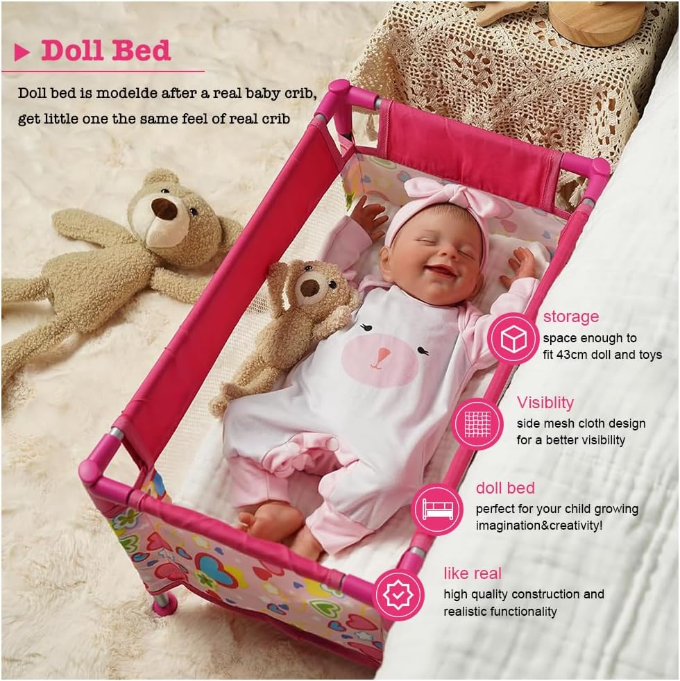 Toclsixz Puppenbett für 43 cm Puppe | Puppen Bett zubehör | Puppen reisebett für Baby Born | Geschen
