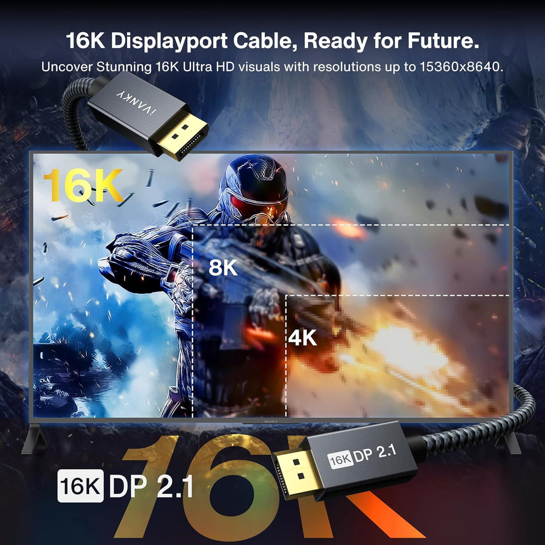 IVANKY 16K DisplayPort Kabel 2.1 3M, Kabel Displayport 4K@240Hz/165Hz/144Hz, 16K@60Hz, 8K@120Hz, 2K@