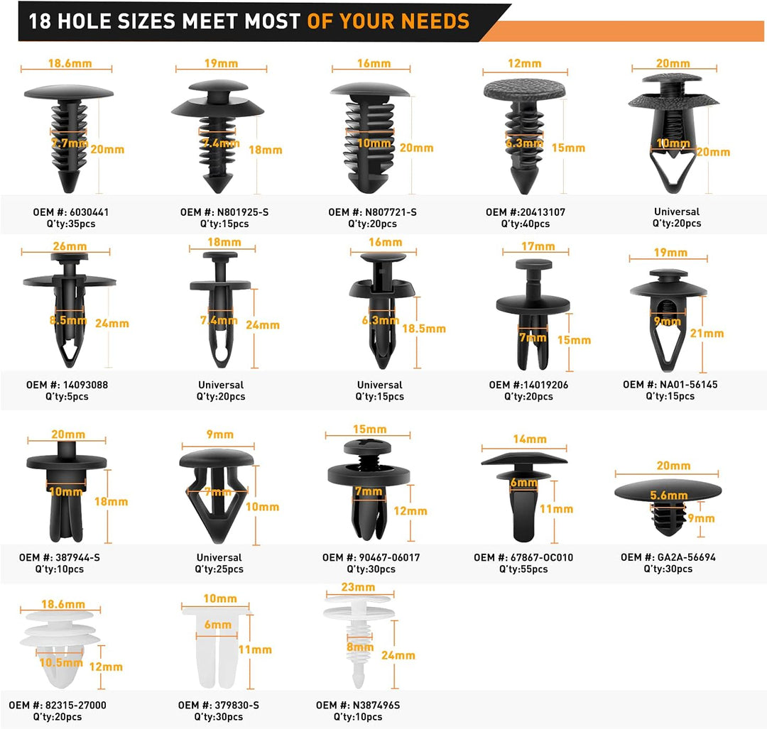 GOOACC 415 Stück Auto-Halterung Clips und Befestigungs-Entferner – 18 beliebteste Grössen Auto Push