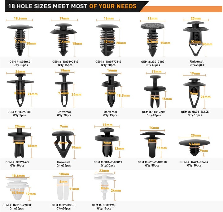 GOOACC 415 Stück Auto-Halterung Clips und Befestigungs-Entferner – 18 beliebteste Grössen Auto Push