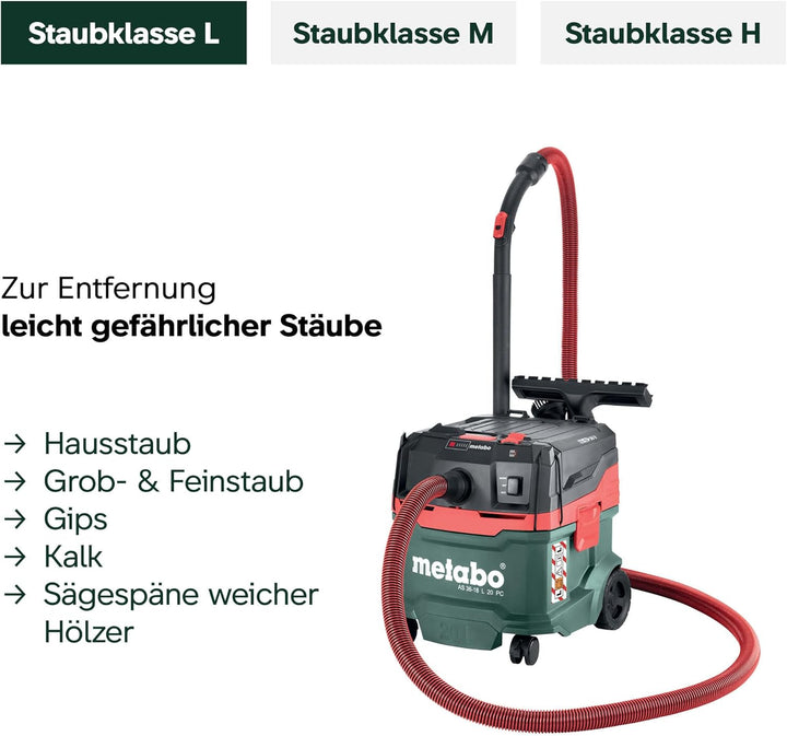metabo Akku-Sauger AS 36-18 L 20 PC - 18 V, 20L Behälter - Staubklasse L, Nass- und Trockensauger, B