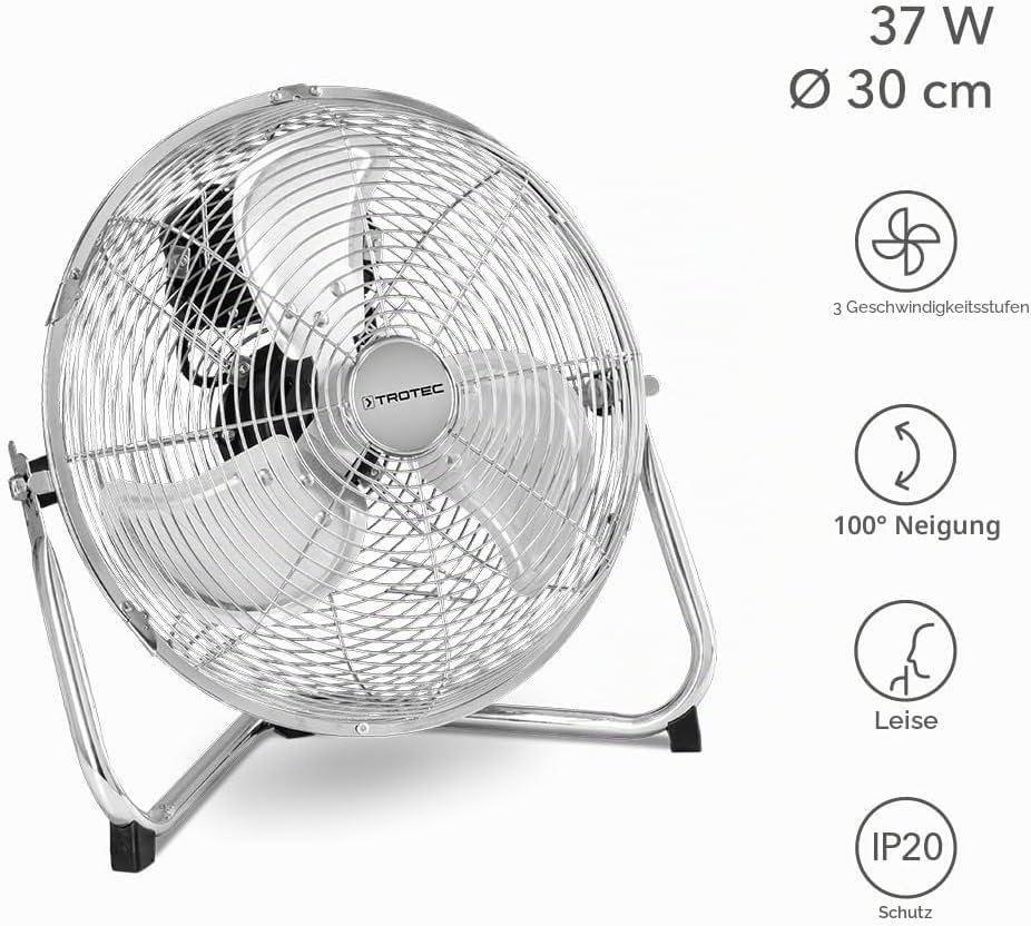 TROTEC Bodenventilator TVM 12 – 37 Watt, Neigungswinkel 100°, 3 Stufen, Ø 30 cm, kippfester Stand, l