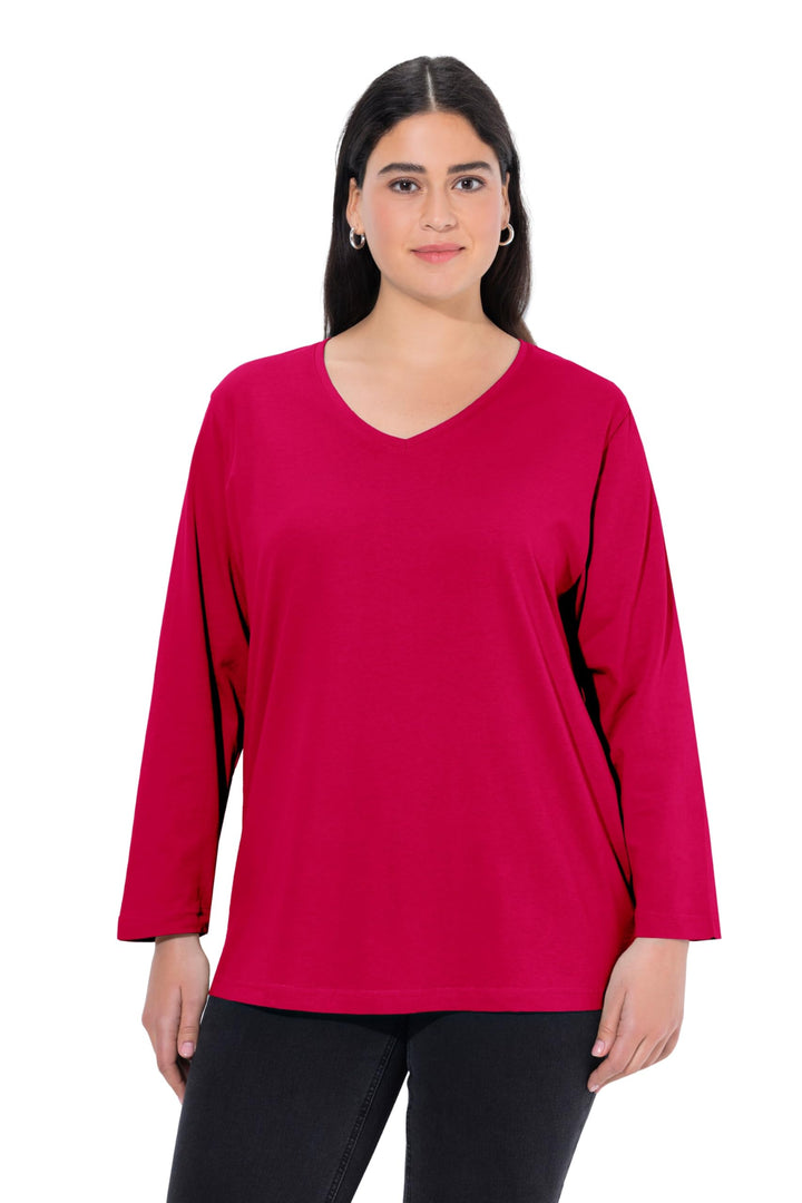 Ulla Popken Damen Basic-v-Shirt, Langarm Langarmshirt 54-56 Rot, 54-56 Rot