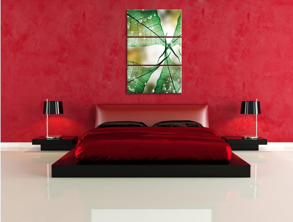 Pixxprint Grüne Blätter / 3-Teilig/Gesamtmass 120cm Leinwandbild bespannt auf Holzrahmen/Wandbild Ku
