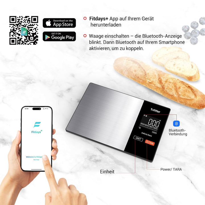 Smart Küchenwaage Bluetooth Ernährung Lebensmittelwaage mit kostenloser App Verfolgt 20 Nährstoffe&amp;K