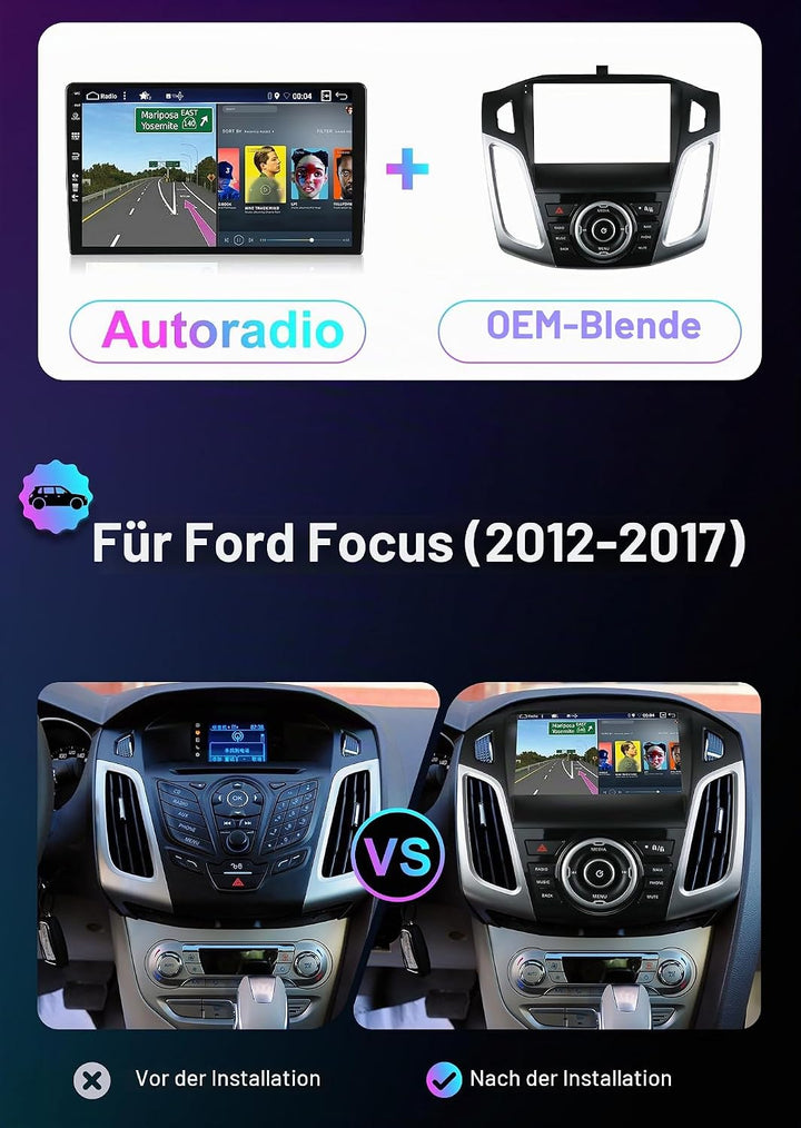[6GB+128GB] Android 14 Autoradio für Ford Focus 2012-2017-2 Din-[Integriertes Wireless CarPlay/Andro