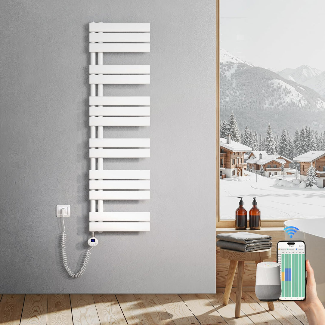 Heilmetz Badheizkörper Elektrisch 1385 x 400mm Weiss mit WIFI Smart Heizstab 600W, Flach Handtuchwär