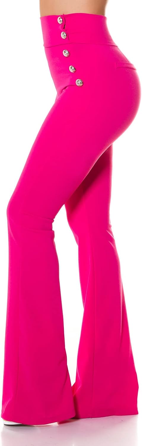Koucla Stoff Business High Waist Schlag Hose mit Deko Knöpfe L Rosa, L Rosa