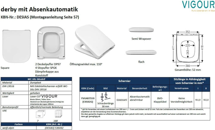 Vigour WC-Sitz derby | mit Absenkautomatik | Edelstahlscharniere | abnehmbar | Art.-Nr. DESIAS