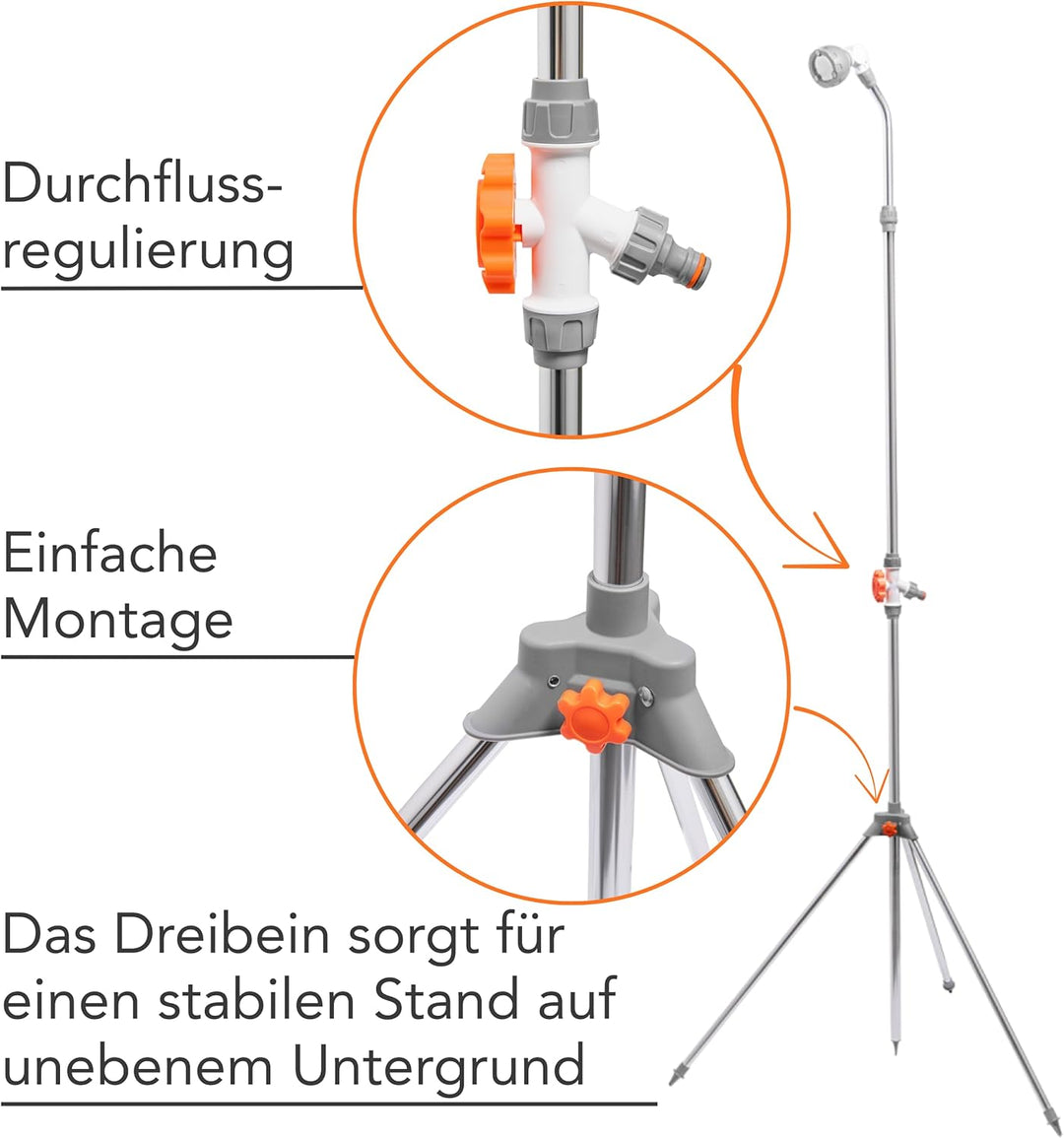 Gartendusche & Sprühnebel 2in1, Höhe 175-230 cm Sprühwinkel verstellbar Stabil mit Dreibein Aussendu
