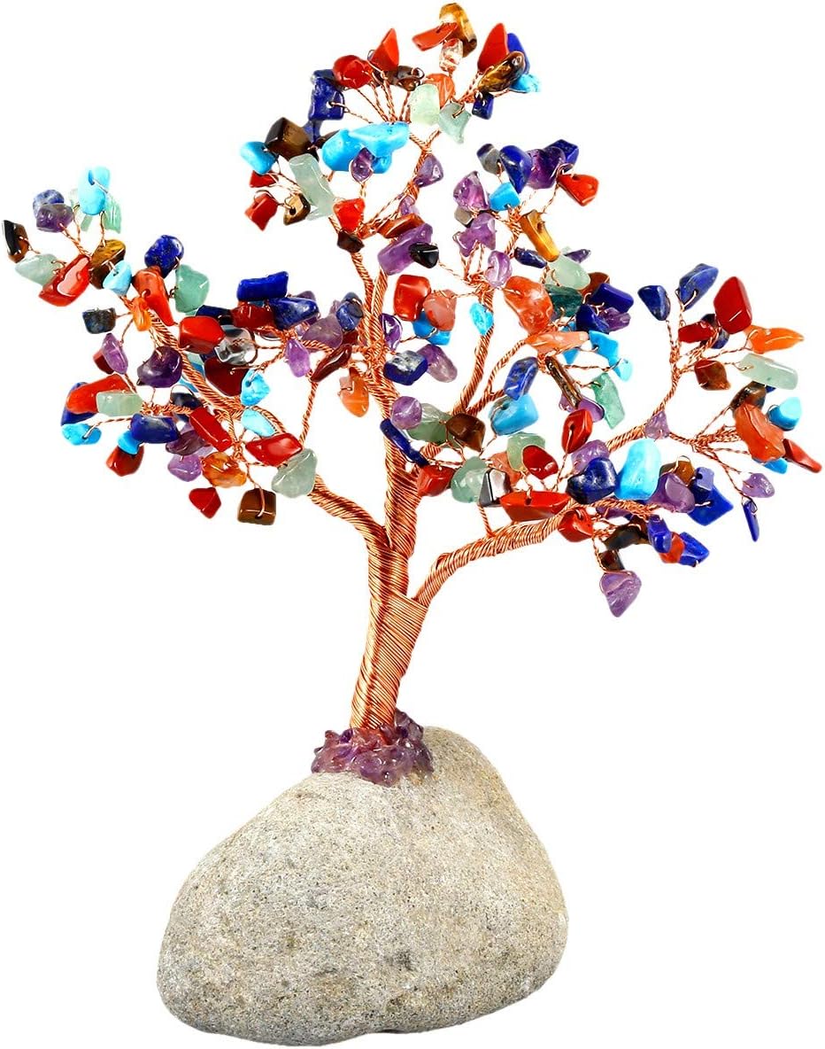 KYEYGWO Geld-Baum eingewickelt auf Steinbasis-Bonsaiskulptur-Figur für gutes Glück Bunter Kristall 1