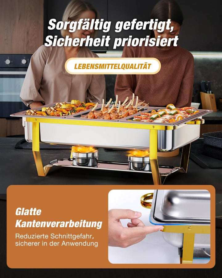WARMOUNTS Silber & Gold Chafing Dish Buffet Set 9L, Edelstahl Speisenwärmer für Catering, Hochglanzp