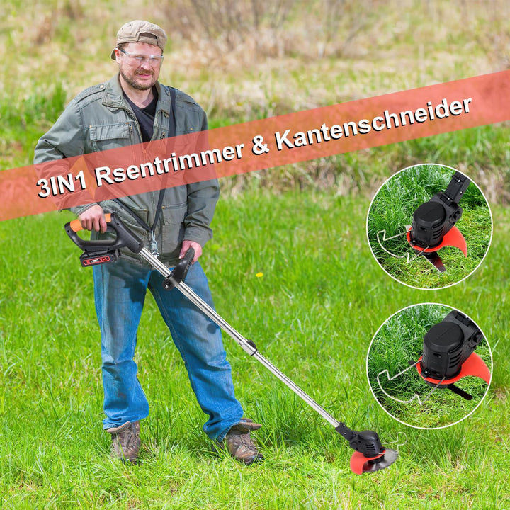 Akku-Rasentrimmer, Rasenkantenschneider (inkl. 2X 1.5Ah Akkus und Ladegerät), 2-in-1 Funktion Rasent
